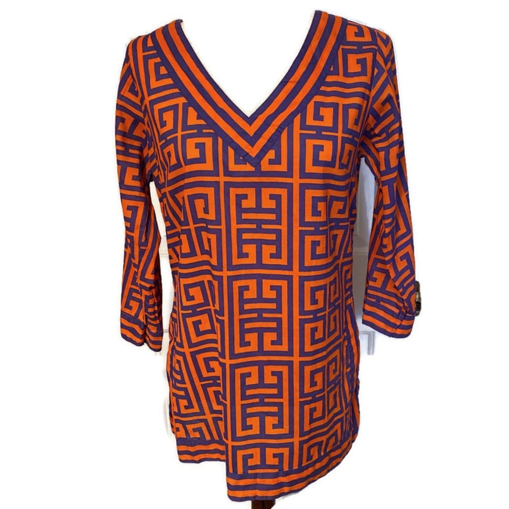 GRETCHEN SCOTT TOP TUNIC ORANGE PURPLE PRINT V-NECK 3/4 SLEEVE Size S
